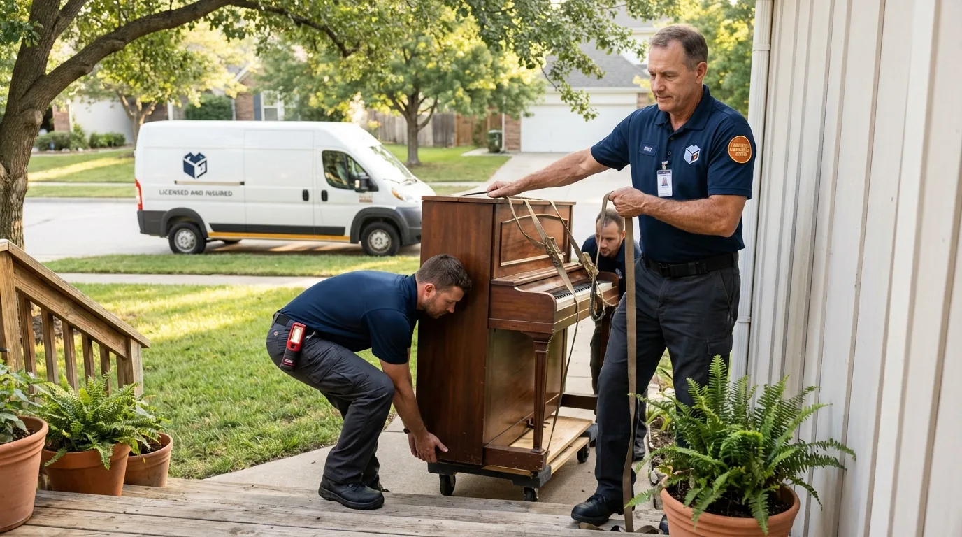 Licensed piano movers securing grand piano in Shutesbury, MA