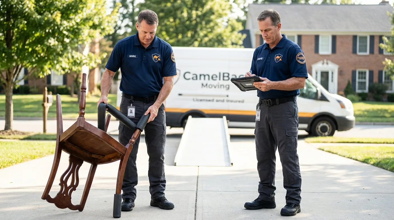 Movers inspecting furniture for damage prevention before loading in Shutesbury, MA