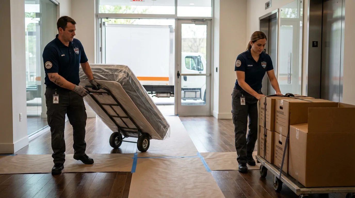 Professional apartment movers loading elevator in Shutesbury, MA