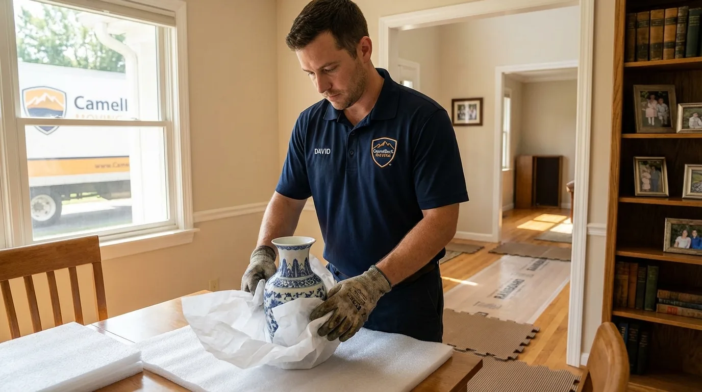 Professional crew carefully wrapping antique vase for senior downsizing move in Shutesbury, MA
