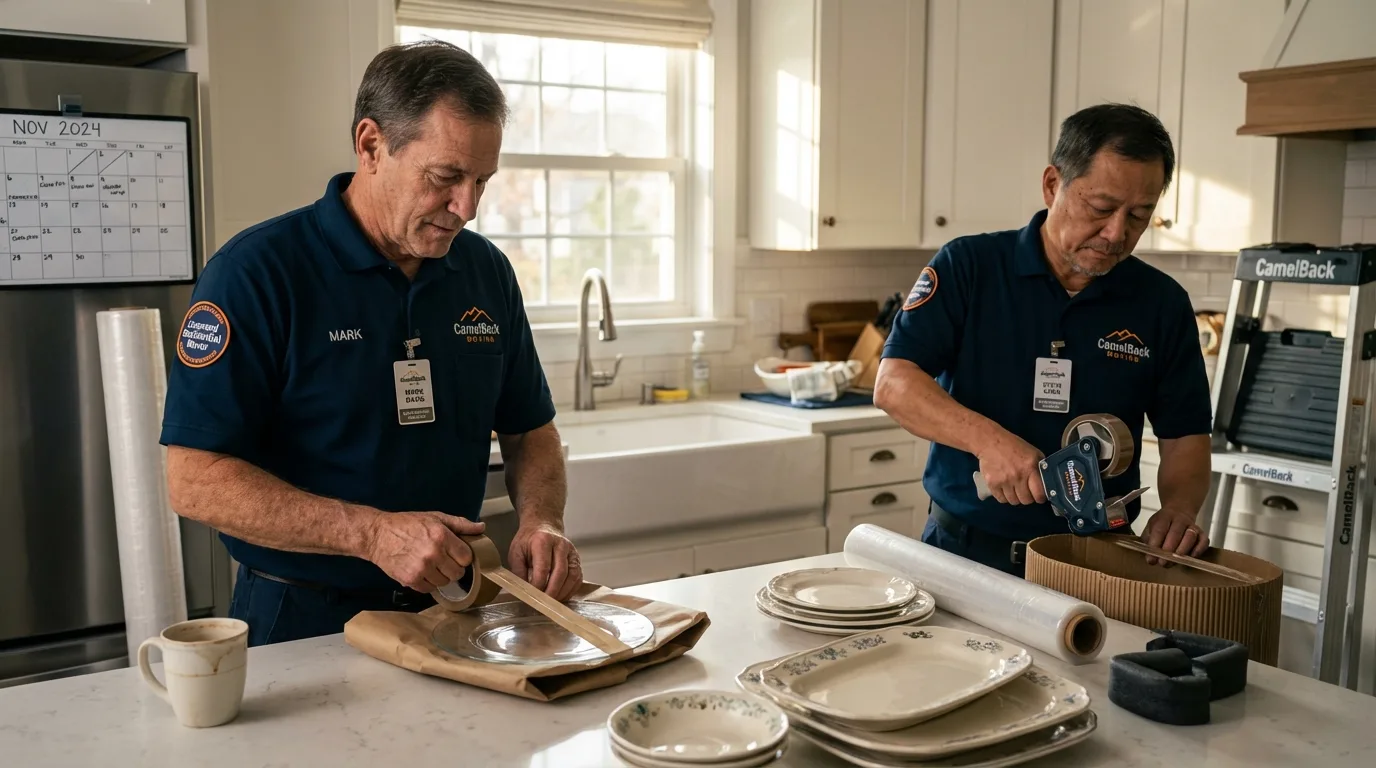 Professional crew packing kitchen dishware in Shutesbury, MA